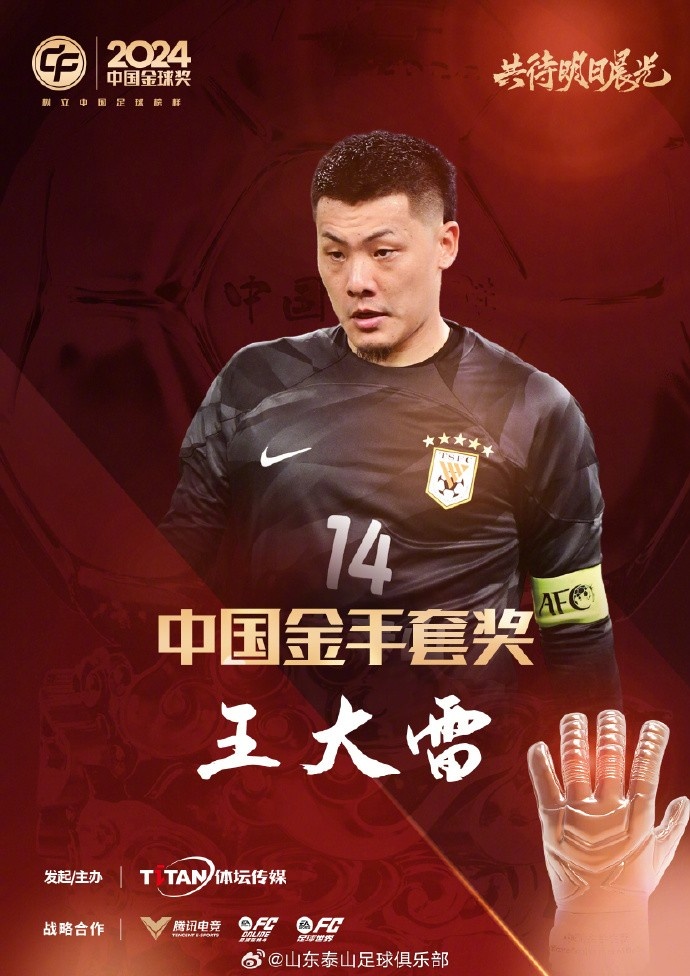  王大雷榮獲中國金手套獎，謝文能入選中國金球獎候選人前三名