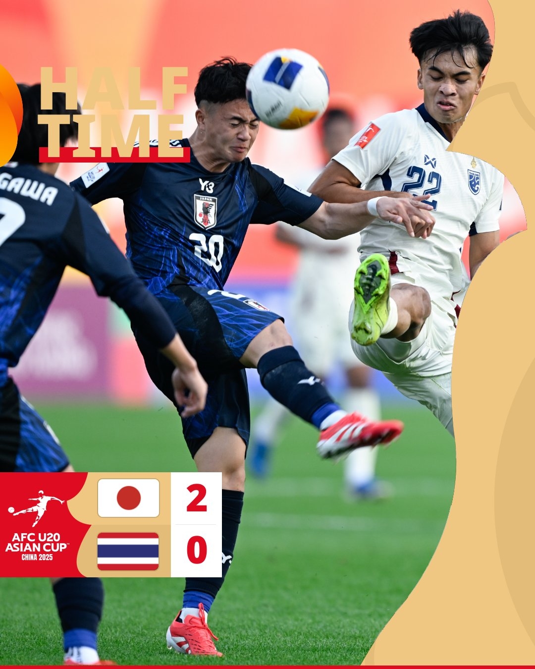  半場-日本U20 2-0領(lǐng)先泰國U20，石井久繼破門+中柱 泰國0射正