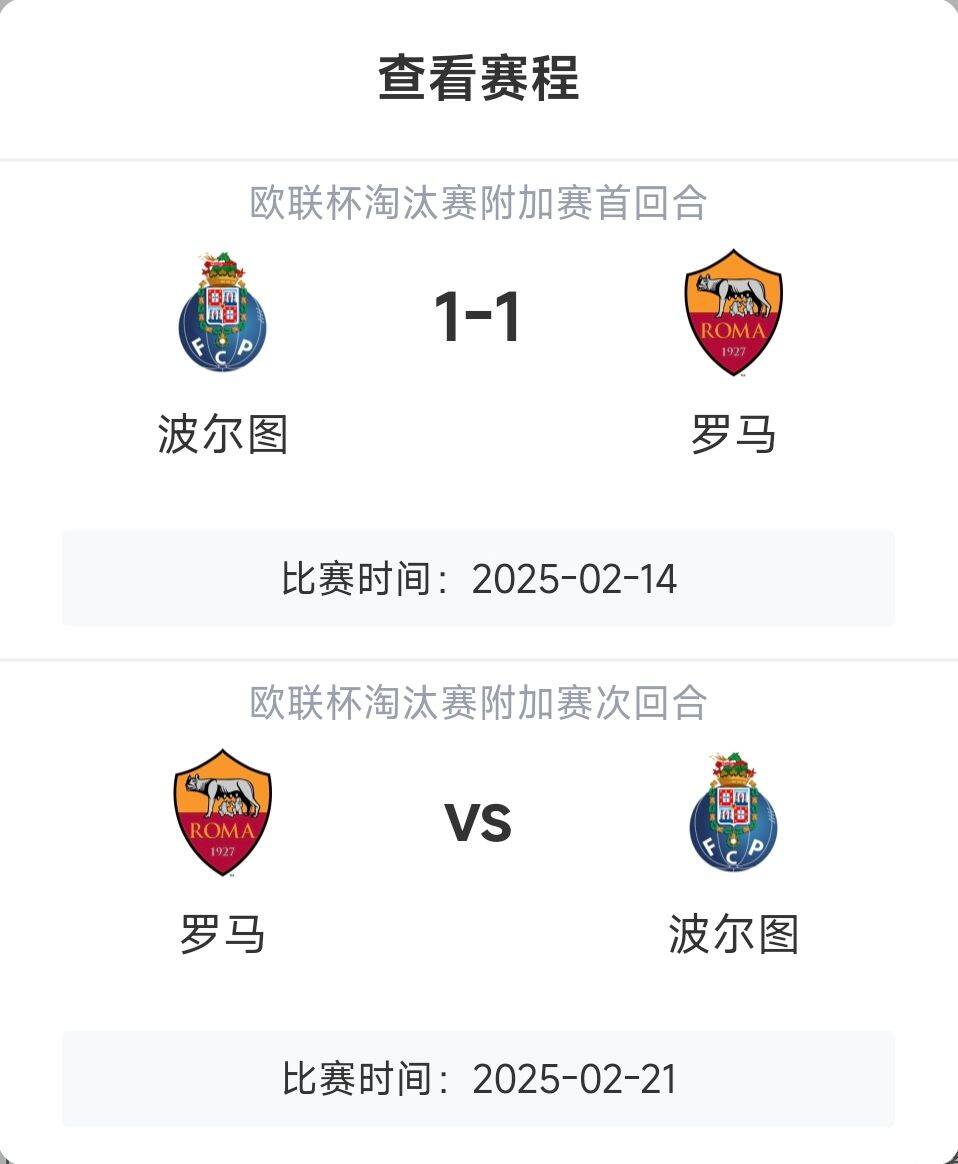  羅馬頂?shù)米幔恳饧讱W戰(zhàn)8隊3隊直通4隊出局，羅馬首回合1-1波爾圖