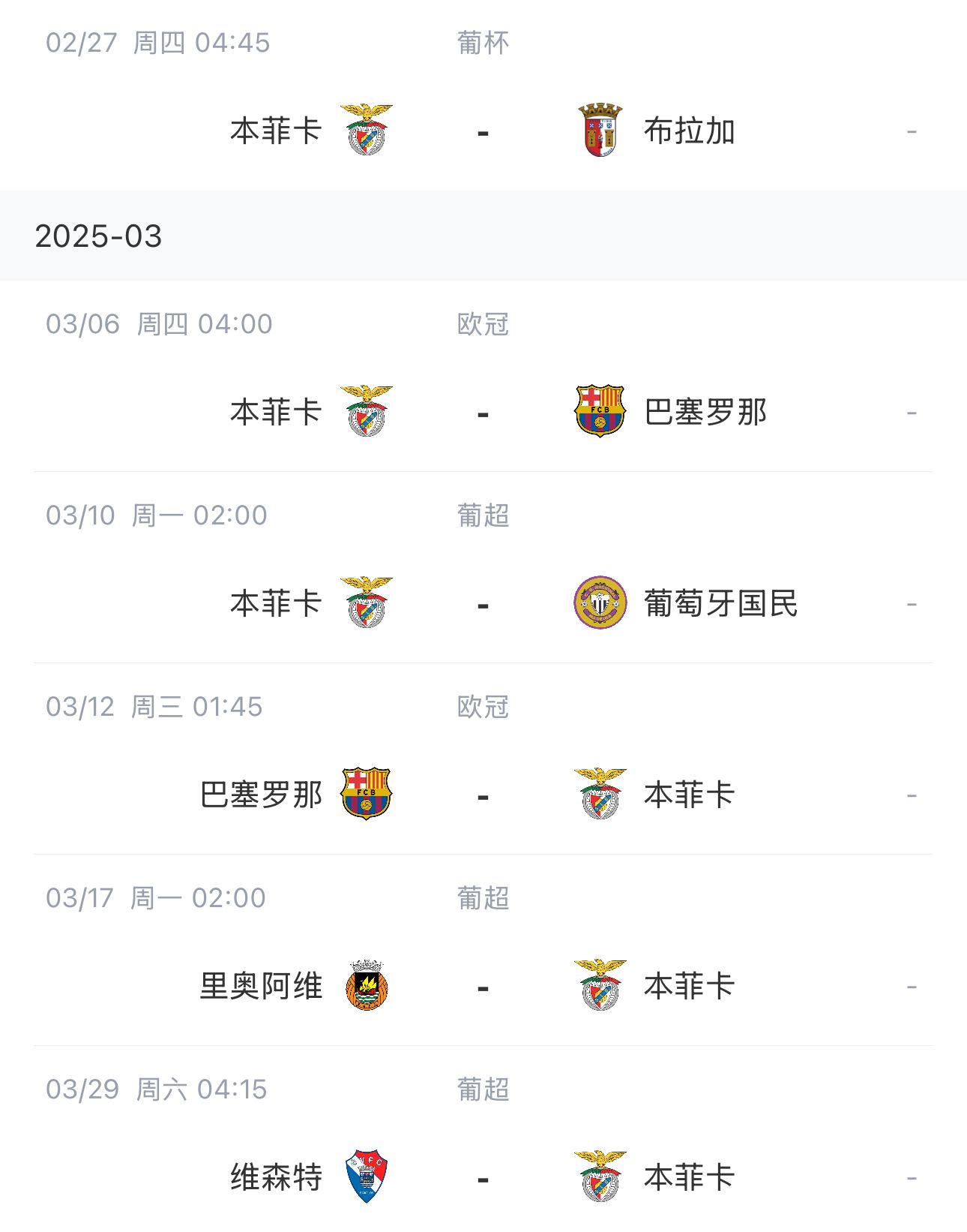  讓路歐冠！本菲卡戰(zhàn)巴薩首回合比賽前的葡超比賽推遲進(jìn)行