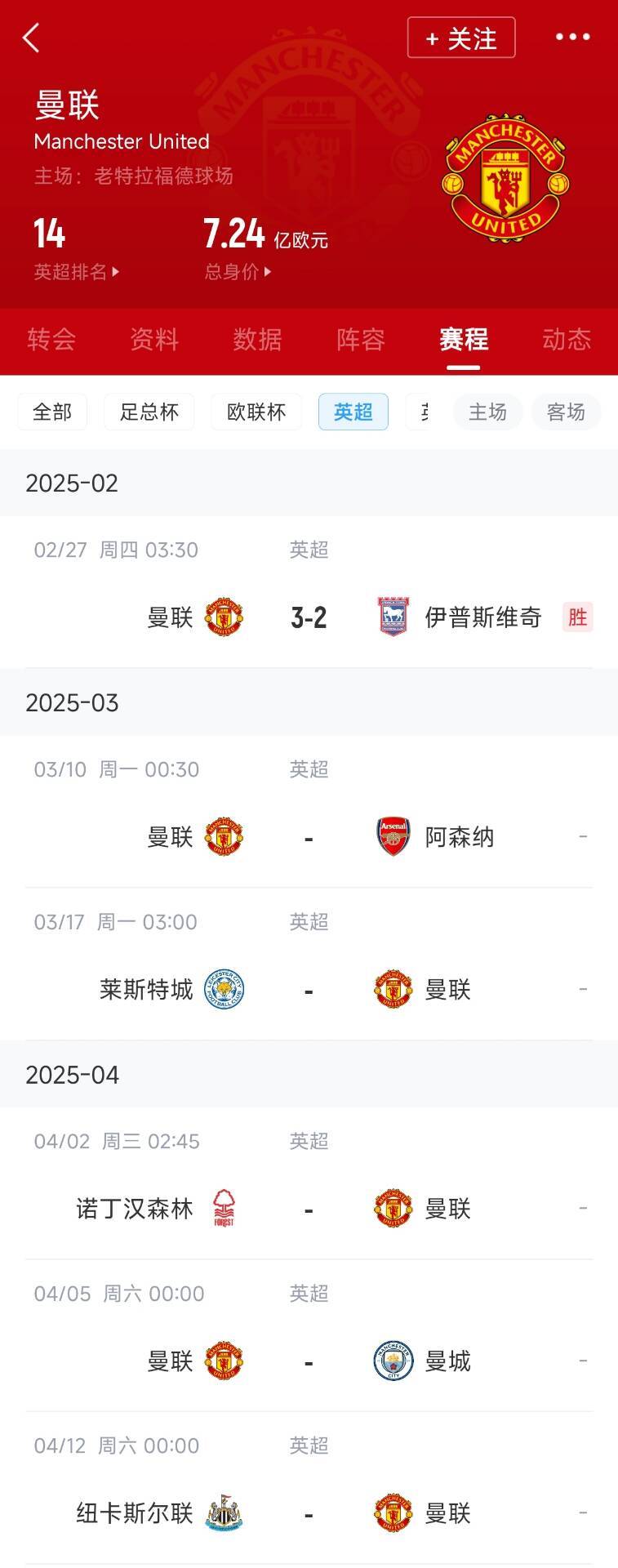  藍(lán)狐救一下？曼聯(lián)未來(lái)5輪將遭遇英超2/3/4/6名：槍手森林曼城紐卡
