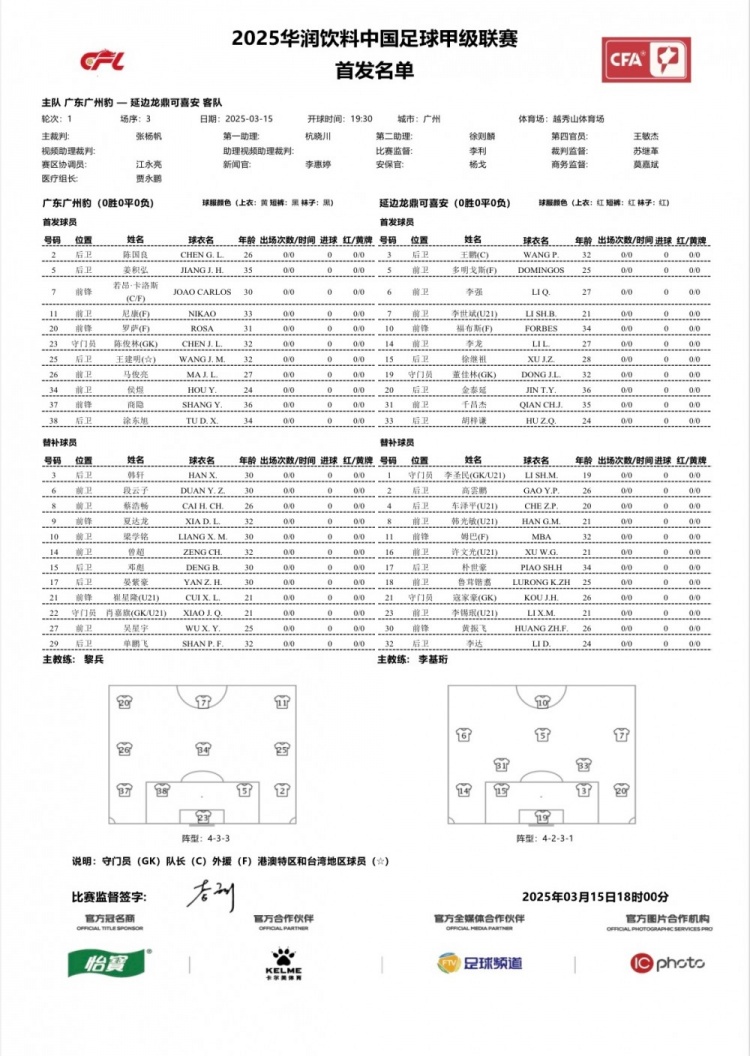  廣州豹vs延邊龍鼎首發(fā)：卡洛斯、羅薩、尼康三外援領(lǐng)銜廣州豹