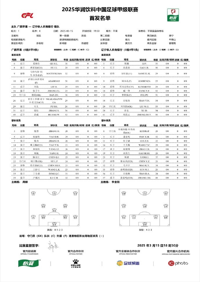  中甲-廣西平果vs遼寧鐵人首發(fā)：三外援對決三外援，安以恩出戰(zhàn)