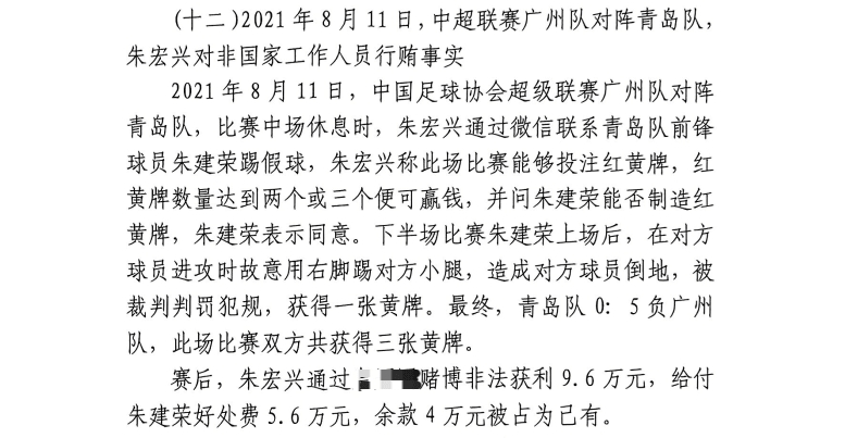  網傳判決書：青島球員朱建榮故意踢對方小腿，染黃收5.6萬好處費