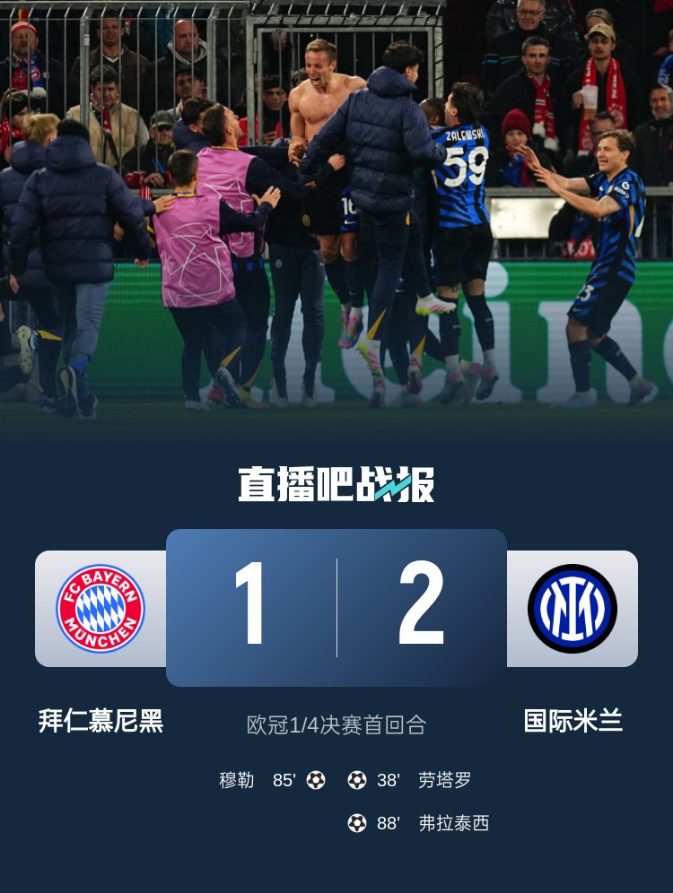  2-1占得先機(jī)！國(guó)米送給拜仁4年來(lái)歐冠主場(chǎng)首敗